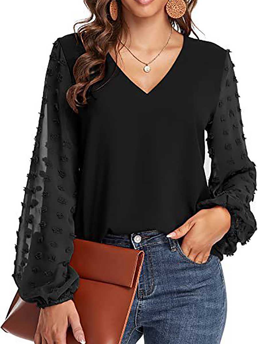 Veleaee V-Neck Chiffon Long Sleeve Top