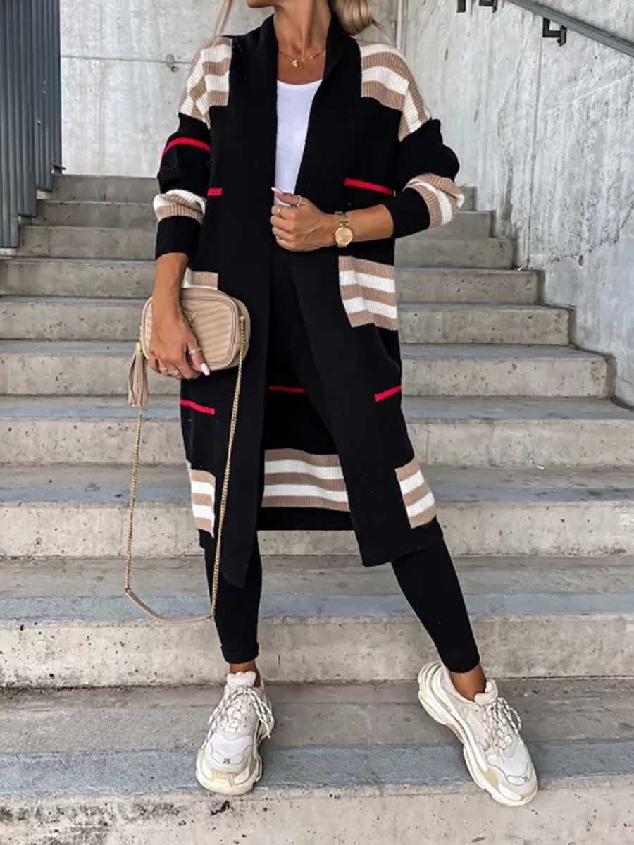 Veleaee Long Striped Knit Cardigan