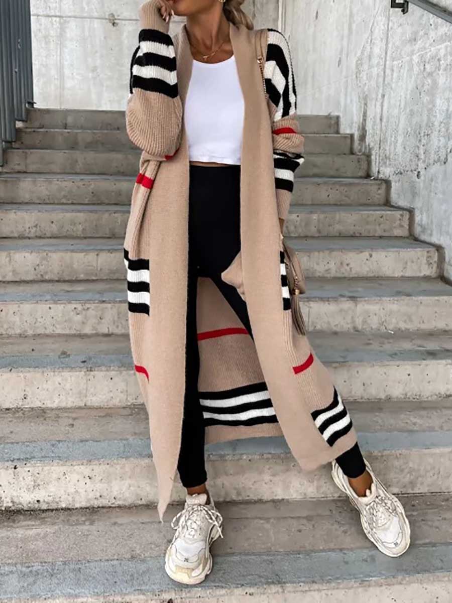 Veleaee Long Striped Knit Cardigan