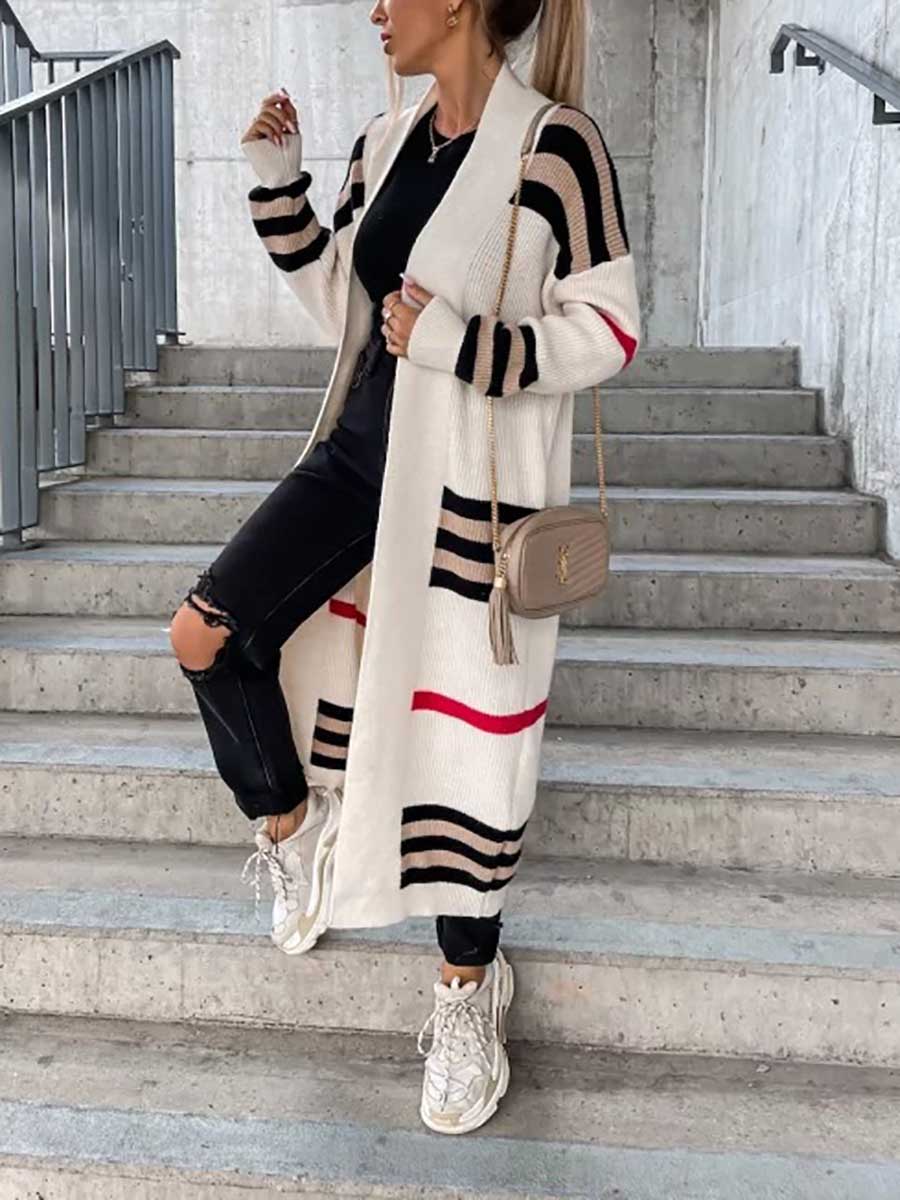 Veleaee Long Striped Knit Cardigan