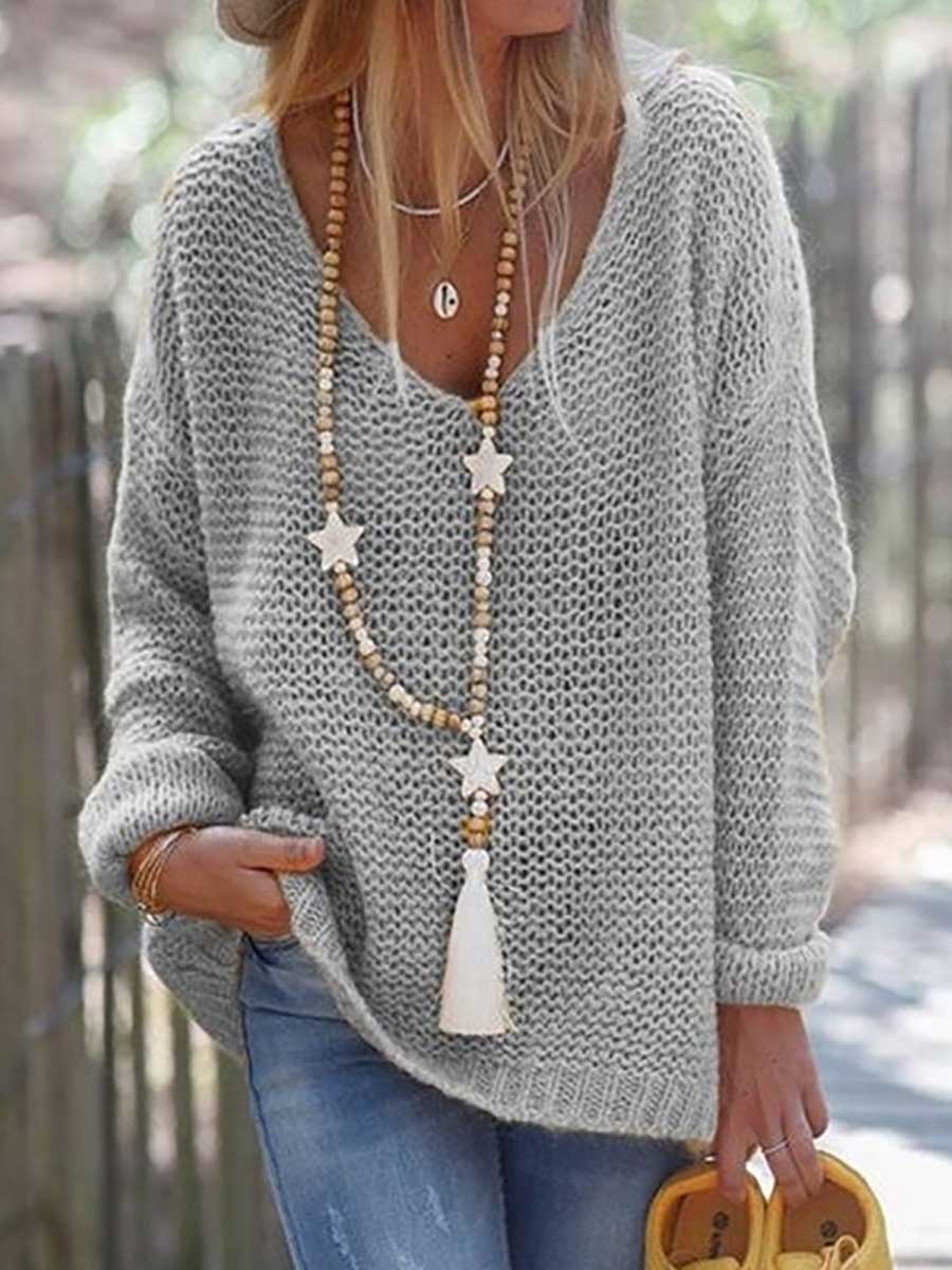 Veleaee V-neck Long Sleeve Knit Sweater