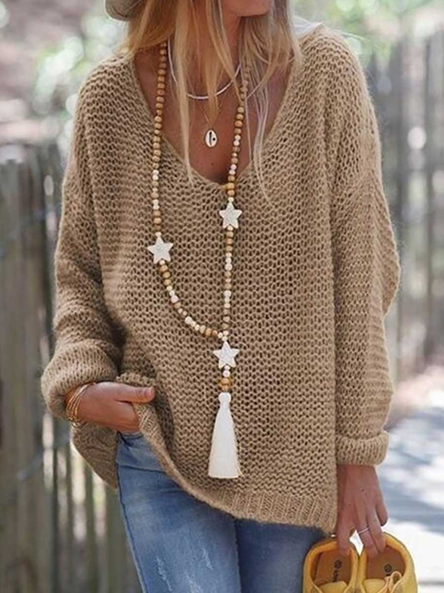 Veleaee V-neck Long Sleeve Knit Sweater