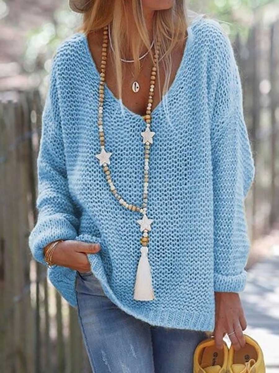 Veleaee V-neck Long Sleeve Knit Sweater