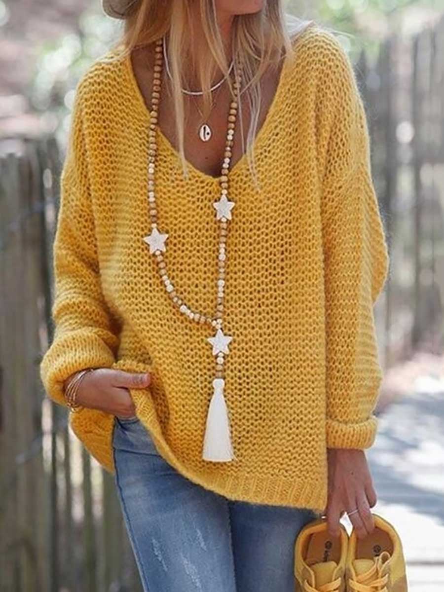 Veleaee V-neck Long Sleeve Knit Sweater