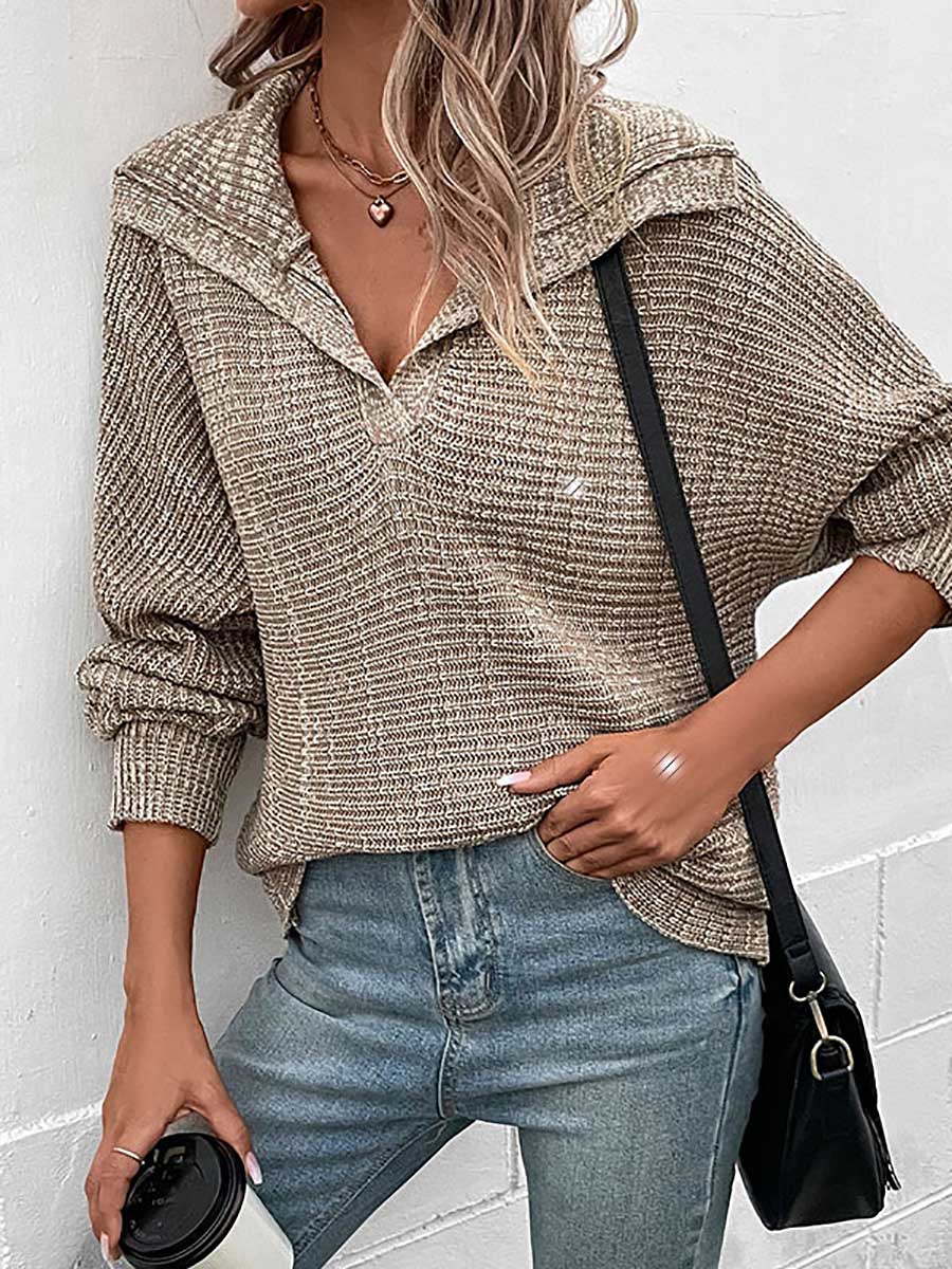 Veleaee Solid Color Long Sleeve Lapel Sweater