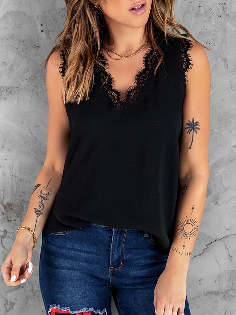 Veleaee Inside And Outside Lace Sleeveless Loose Tops(5 colors)