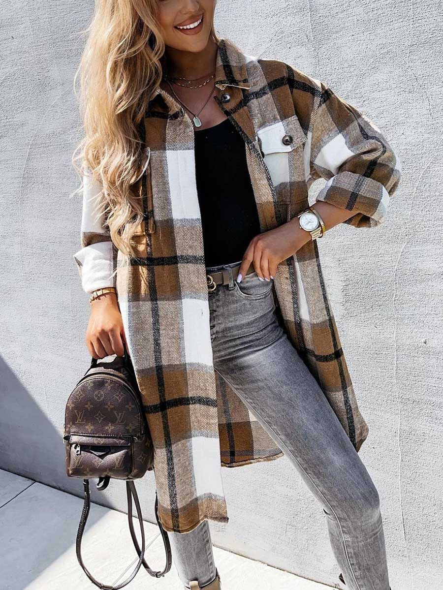 Veleaee Plaid Tweed Mid-Length Jacket