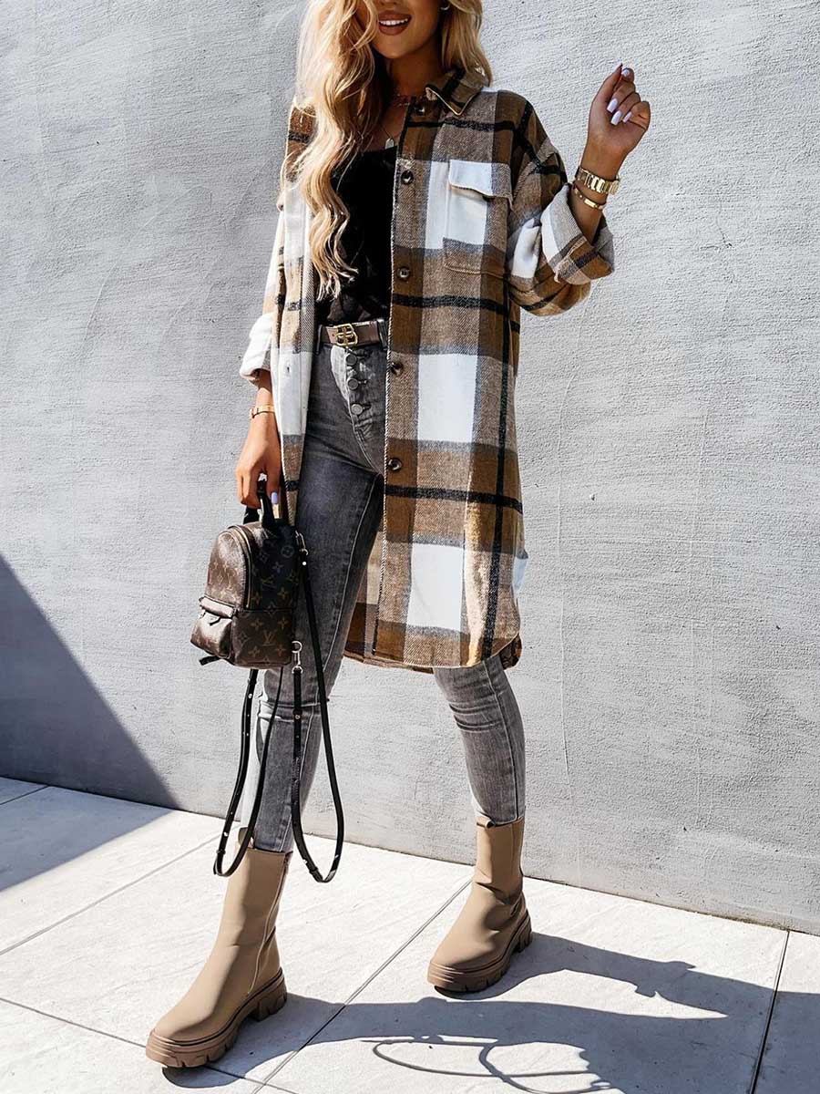 Veleaee Plaid Tweed Mid-Length Jacket
