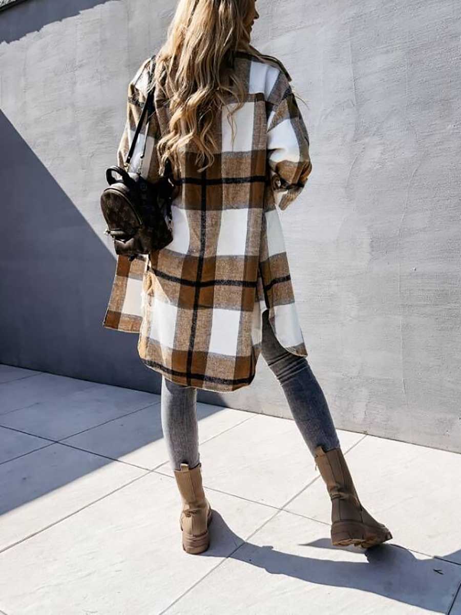Veleaee Plaid Tweed Mid-Length Jacket