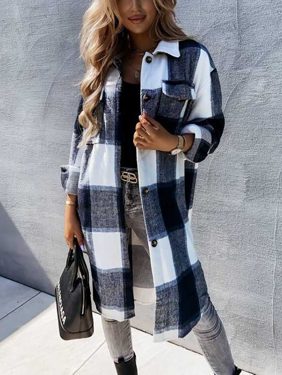 Veleaee Plaid Tweed Mid-Length Jacket