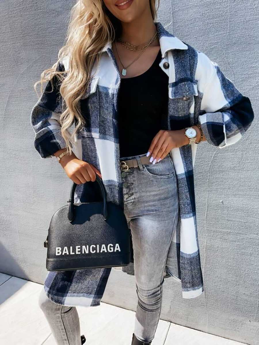 Veleaee Plaid Tweed Mid-Length Jacket