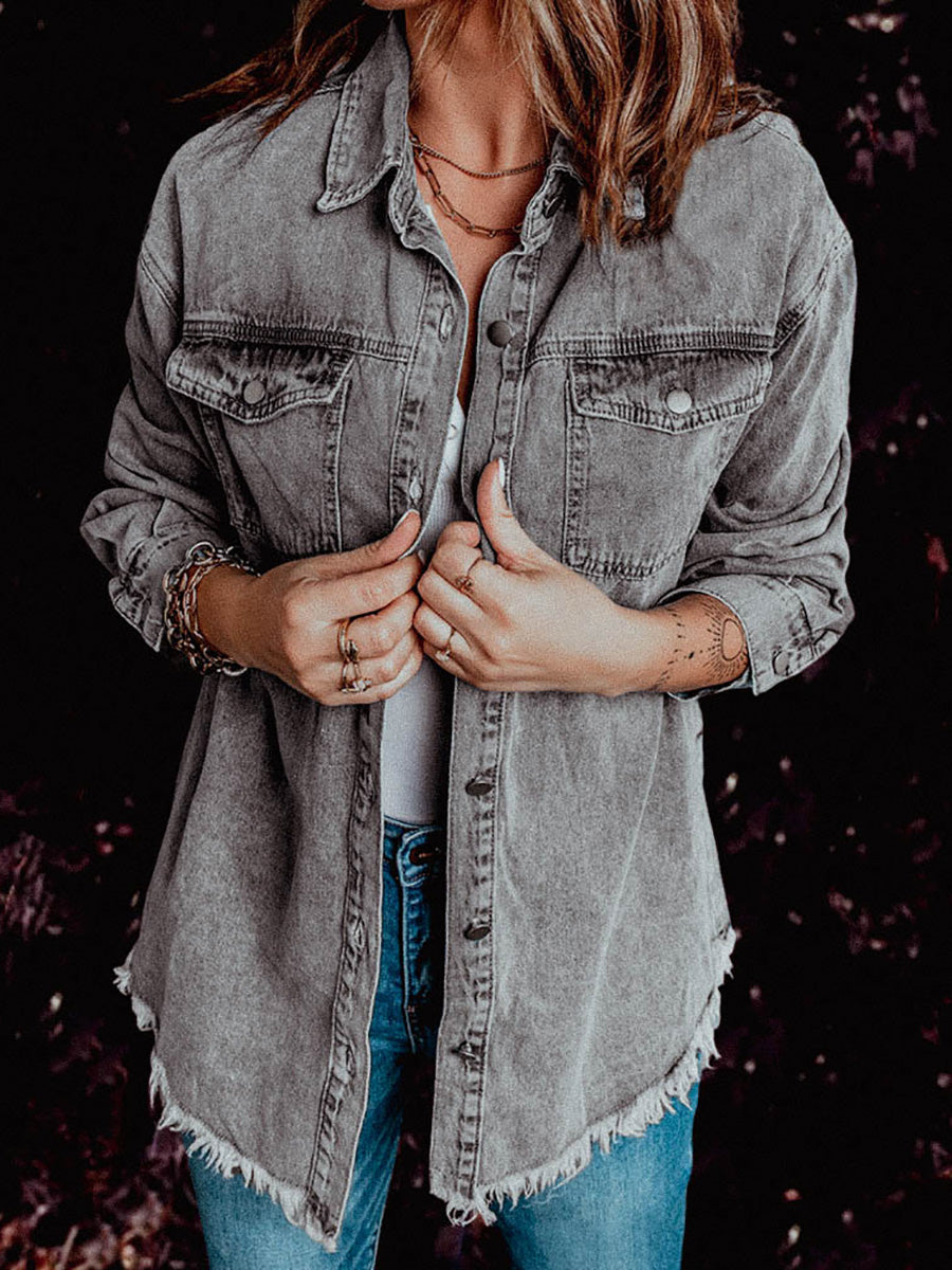 Veleaee Denim Lapel Loose Fit Shirt