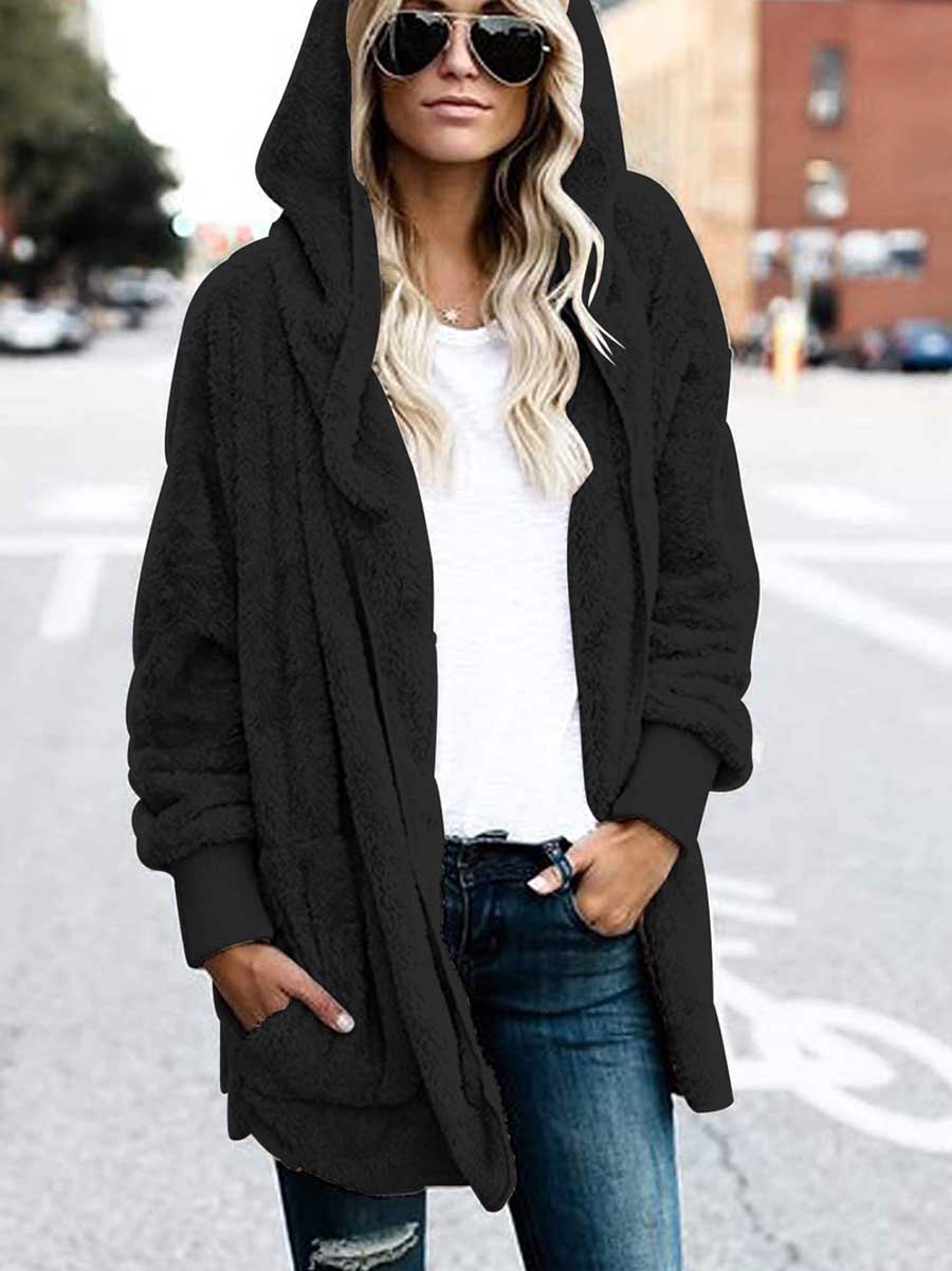 Veleaee Solid Color Fleece Hooded Jacket