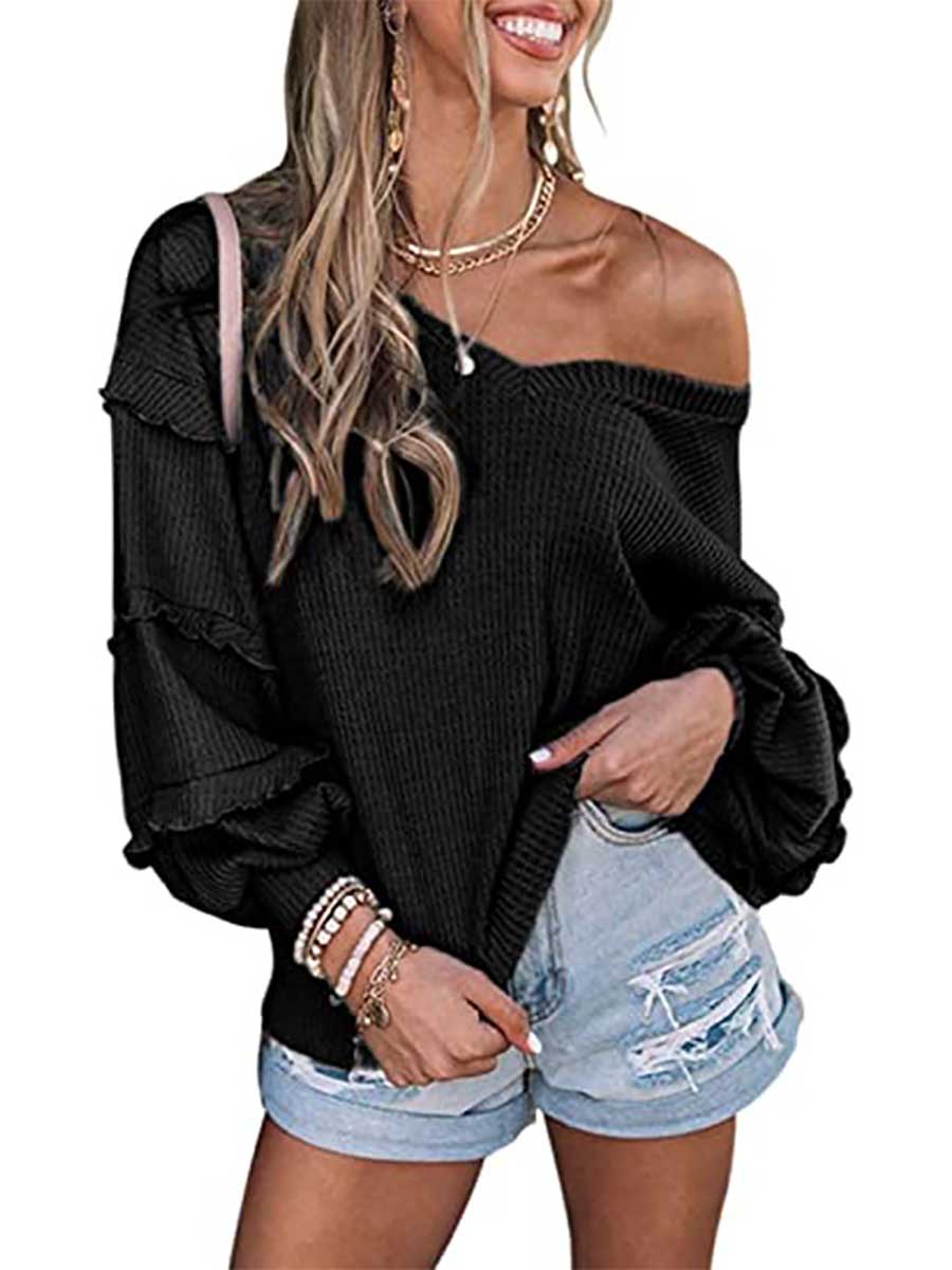 Veleaee Waffle V-Neck Ruffle Lantern Sleeve Top