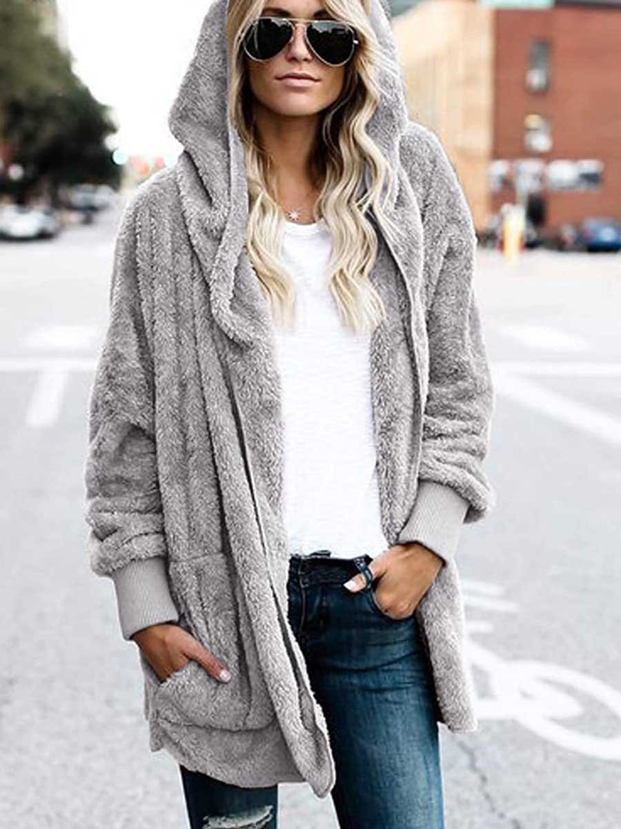 Veleaee Solid Color Fleece Hooded Jacket