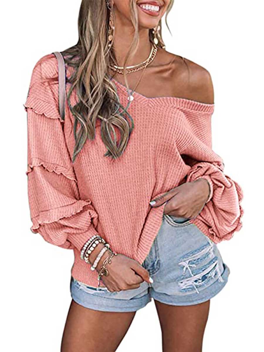 Veleaee Waffle V-Neck Ruffle Lantern Sleeve Top