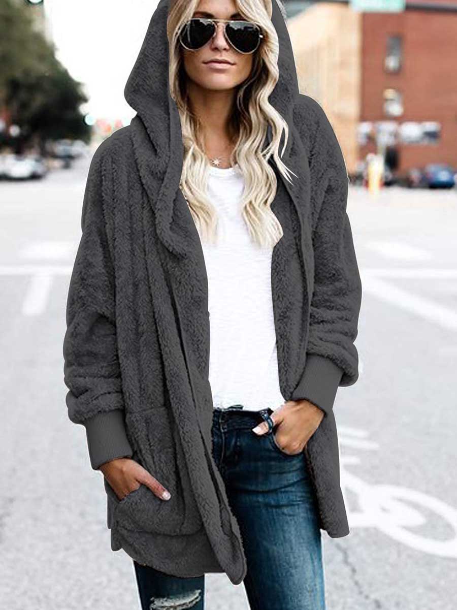 Veleaee Solid Color Fleece Hooded Jacket