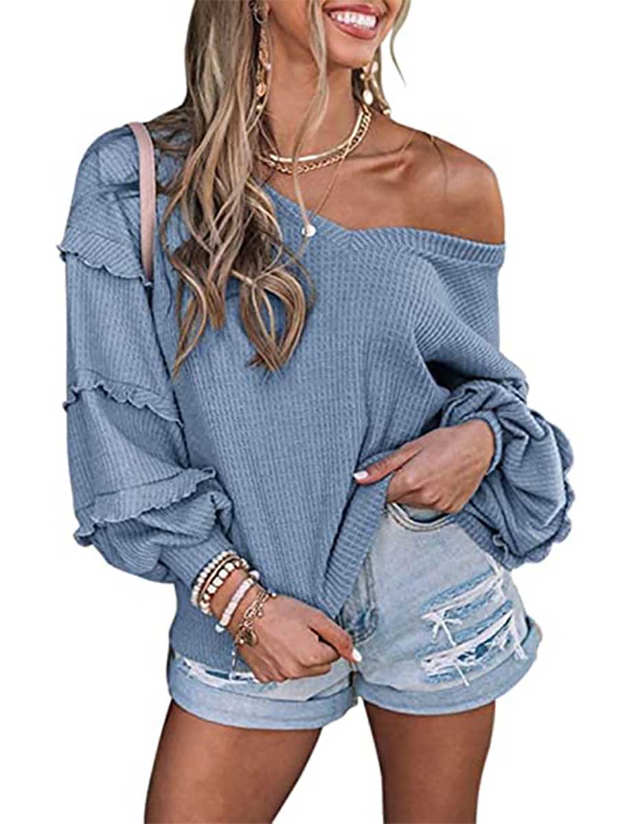 Veleaee Waffle V-Neck Ruffle Lantern Sleeve Top