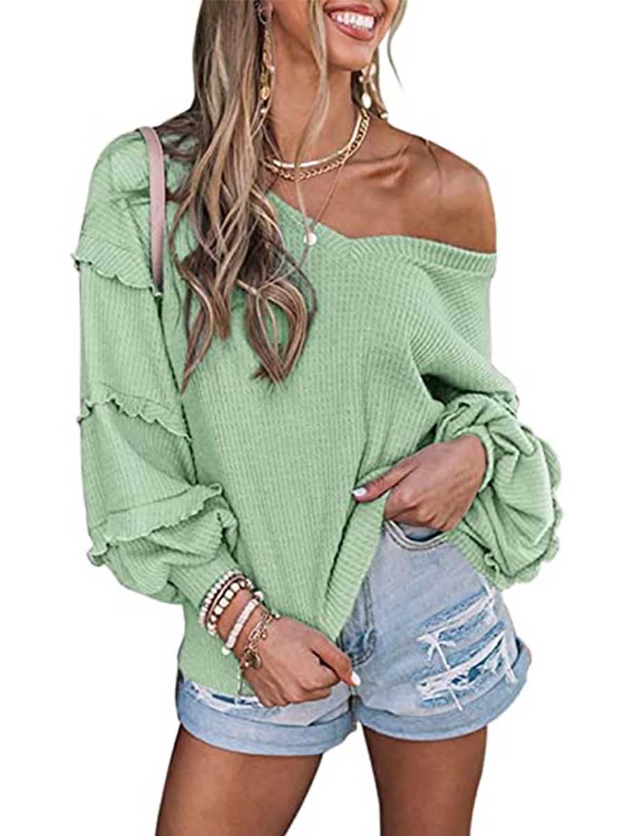 Veleaee Waffle V-Neck Ruffle Lantern Sleeve Top