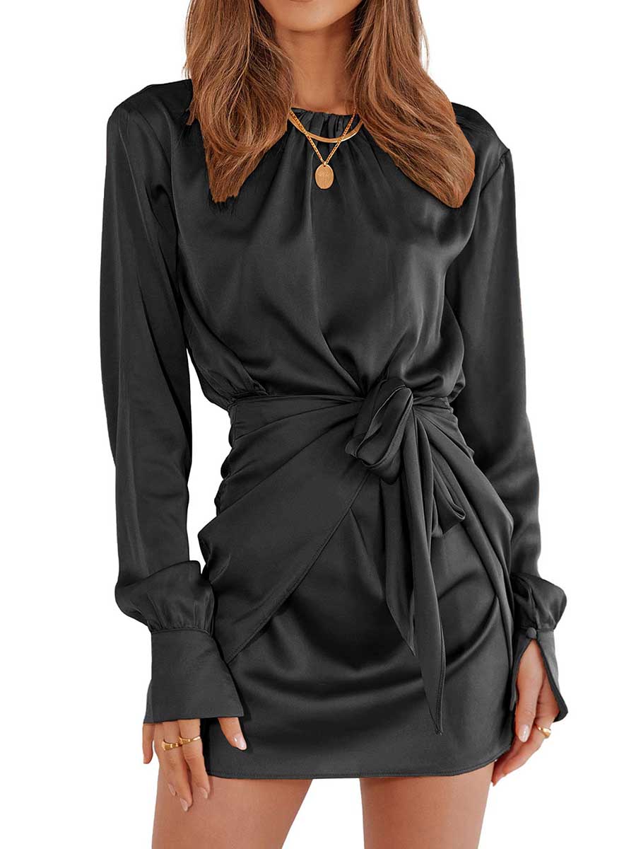 Veleaee Long Sleeve Round Neck Tie Dress