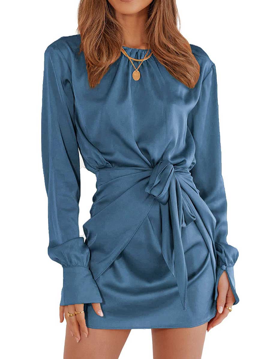 Veleaee Long Sleeve Round Neck Tie Dress