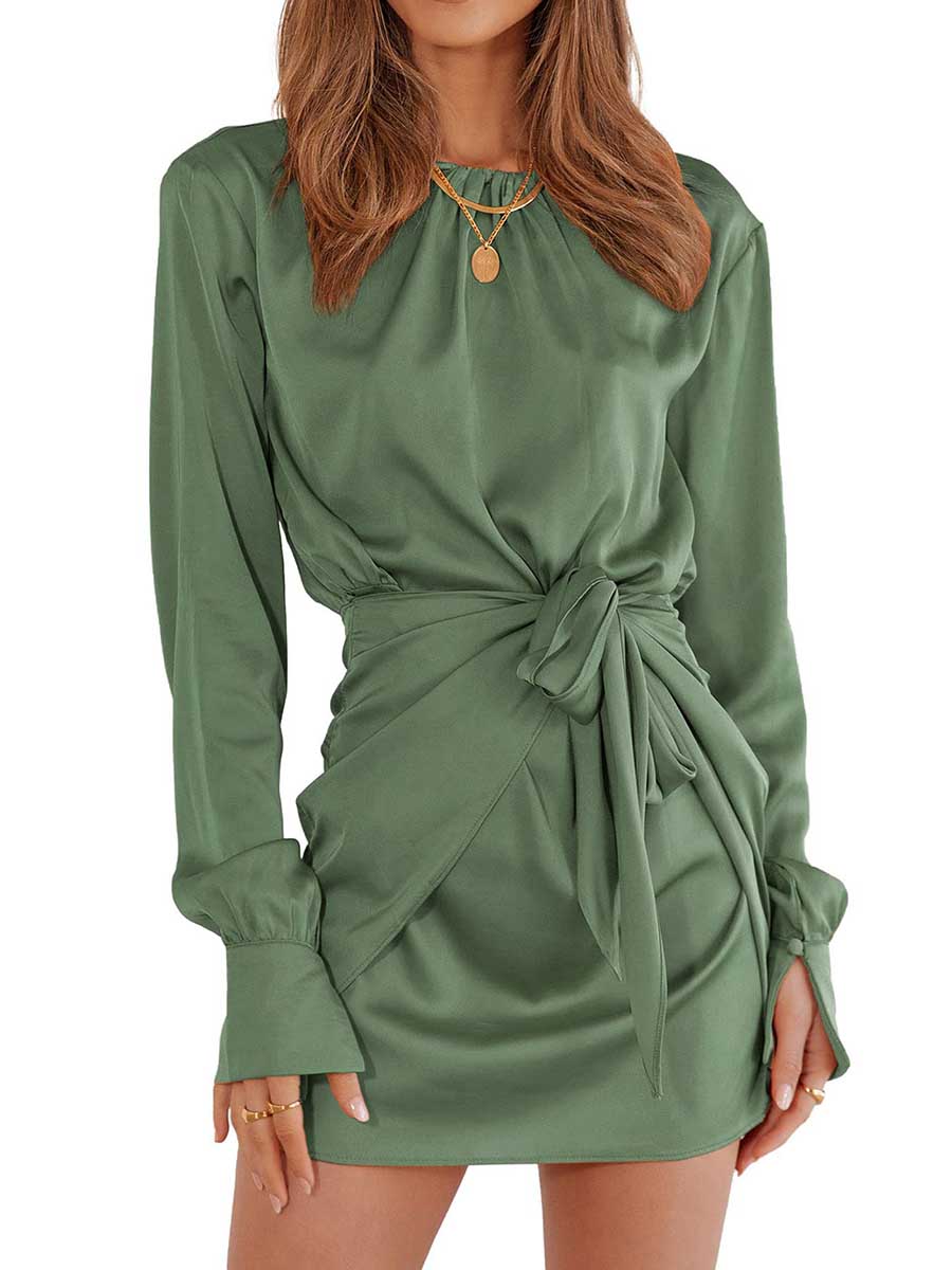 Veleaee Long Sleeve Round Neck Tie Dress
