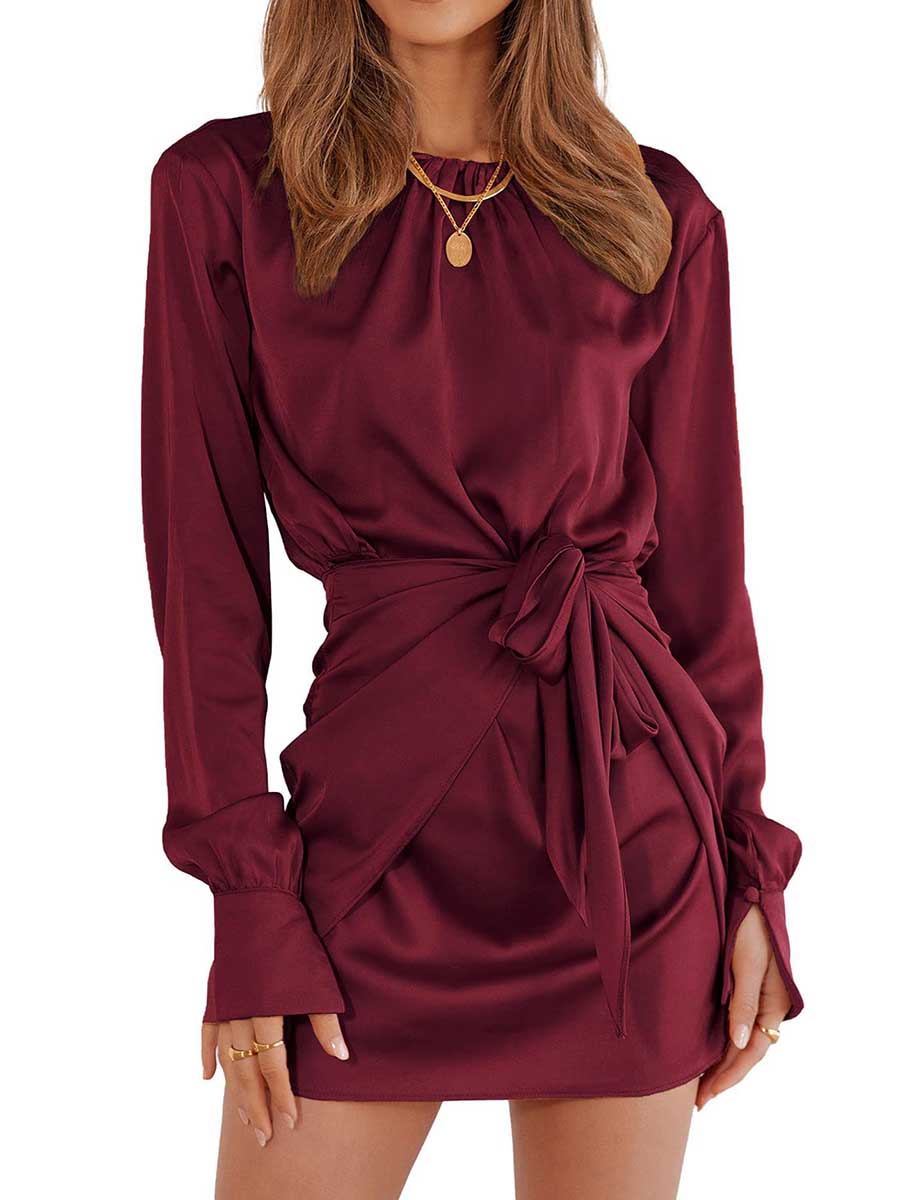 Veleaee Long Sleeve Round Neck Tie Dress