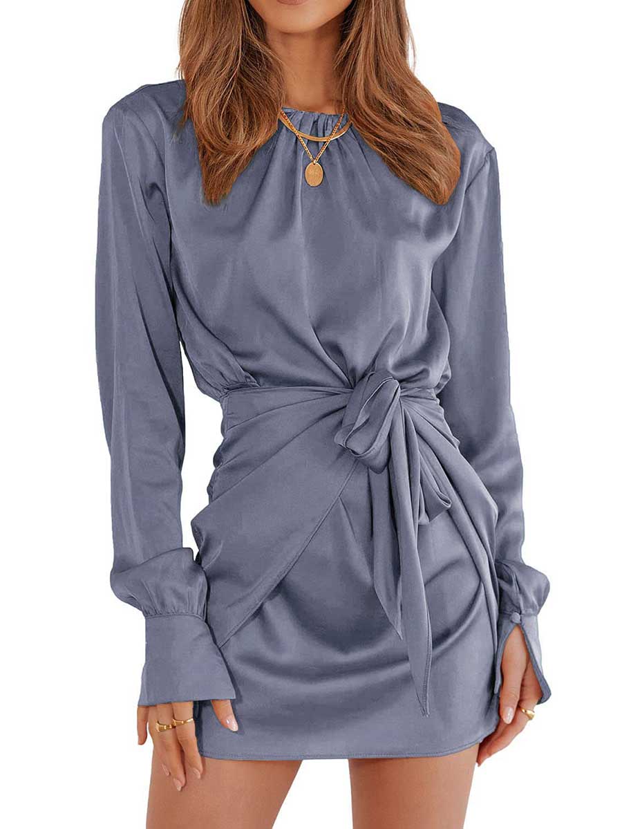 Veleaee Long Sleeve Round Neck Tie Dress
