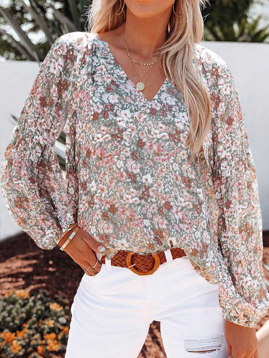 Veleaee V-neck Floral Chiffon Shirt