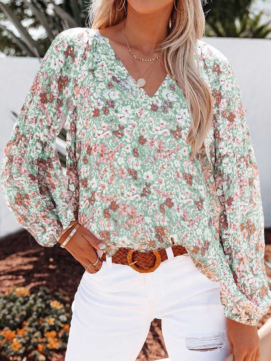 Veleaee V-neck Floral Chiffon Shirt
