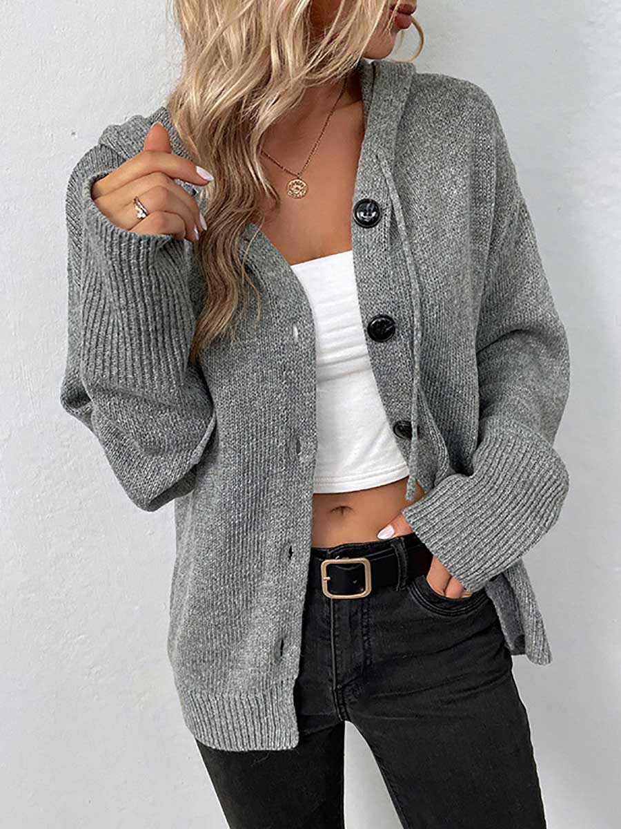 Veleaee Hooded Drawstring Knit Cardigan Jacket