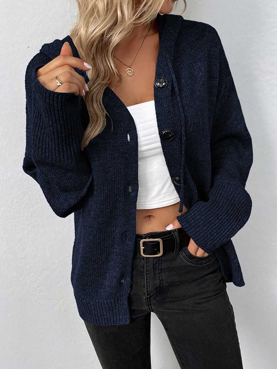 Veleaee Hooded Drawstring Knit Cardigan Jacket