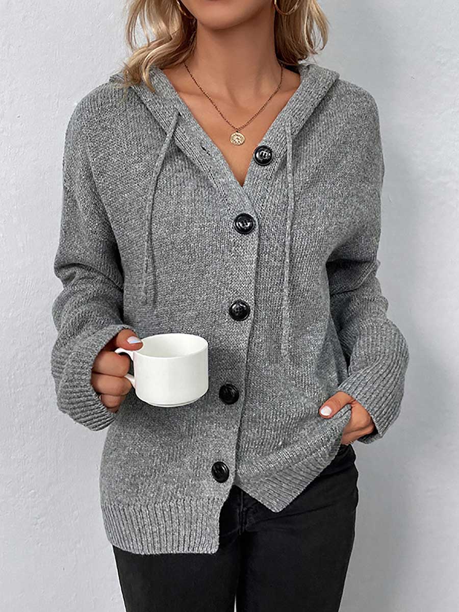 Veleaee Hooded Drawstring Knit Cardigan Jacket