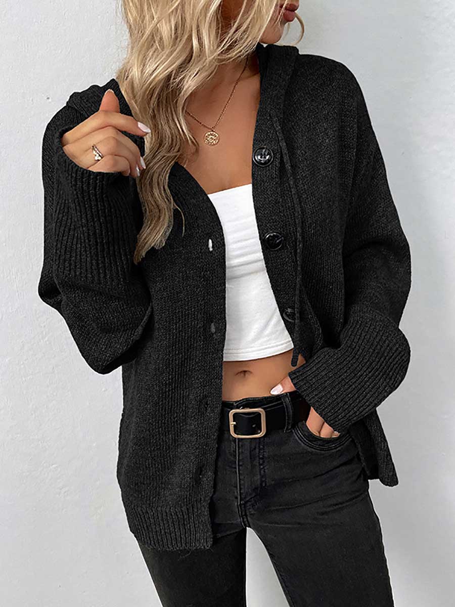Veleaee Hooded Drawstring Knit Cardigan Jacket