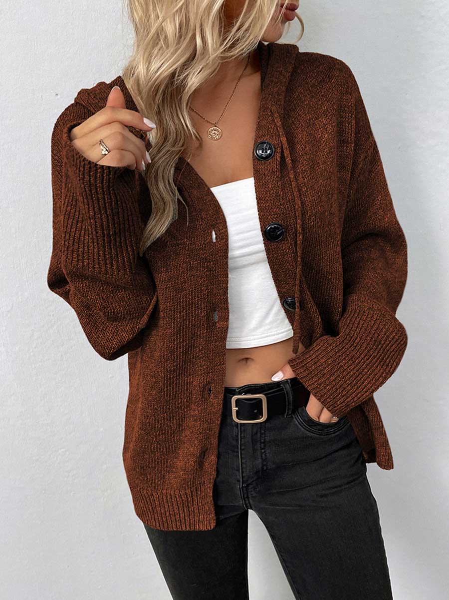 Veleaee Hooded Drawstring Knit Cardigan Jacket