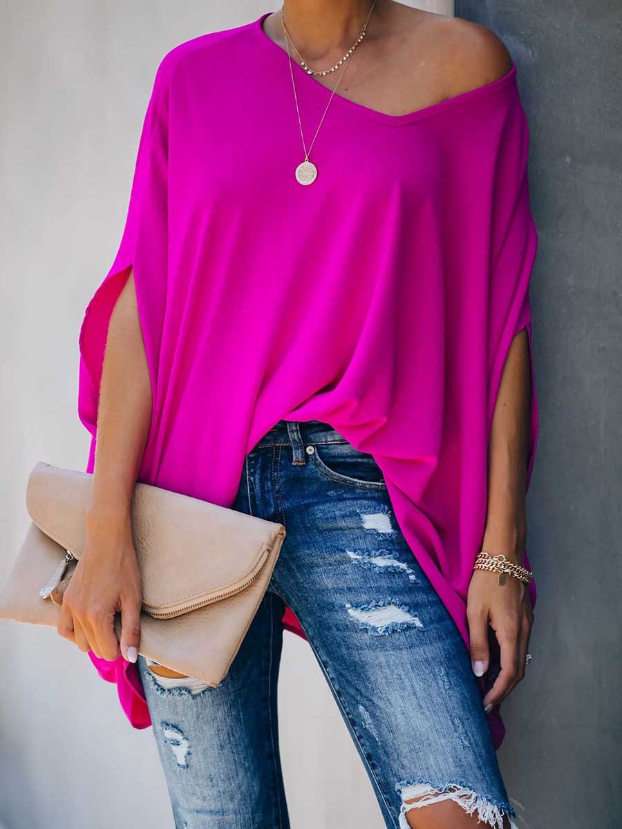 Veleaee Bat Sleeve v-Neck Loose Top