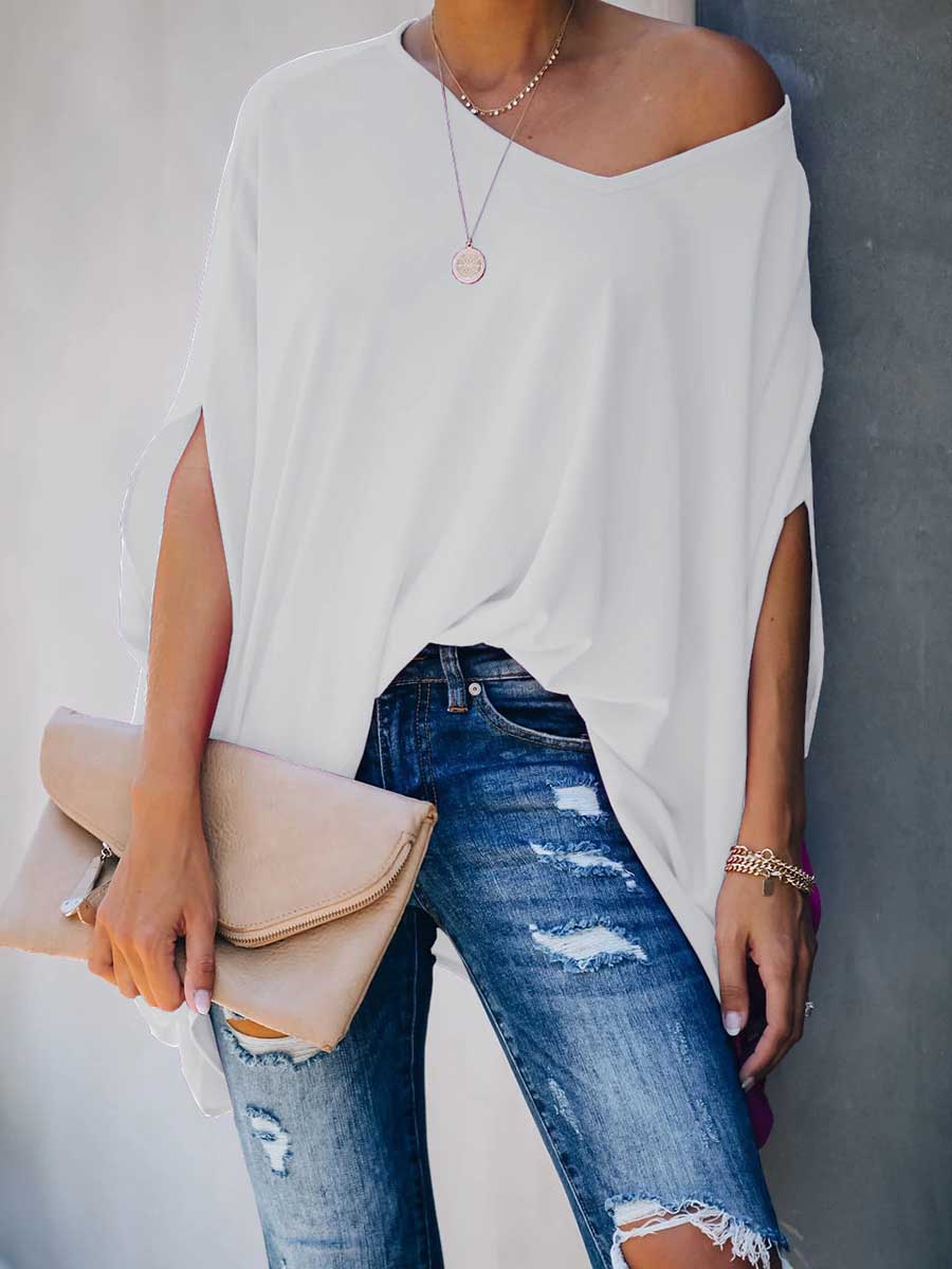 Veleaee Bat Sleeve v-Neck Loose Top
