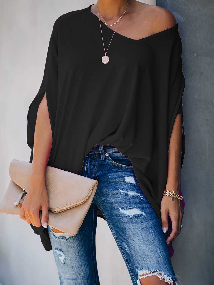 Veleaee Bat Sleeve v-Neck Loose Top