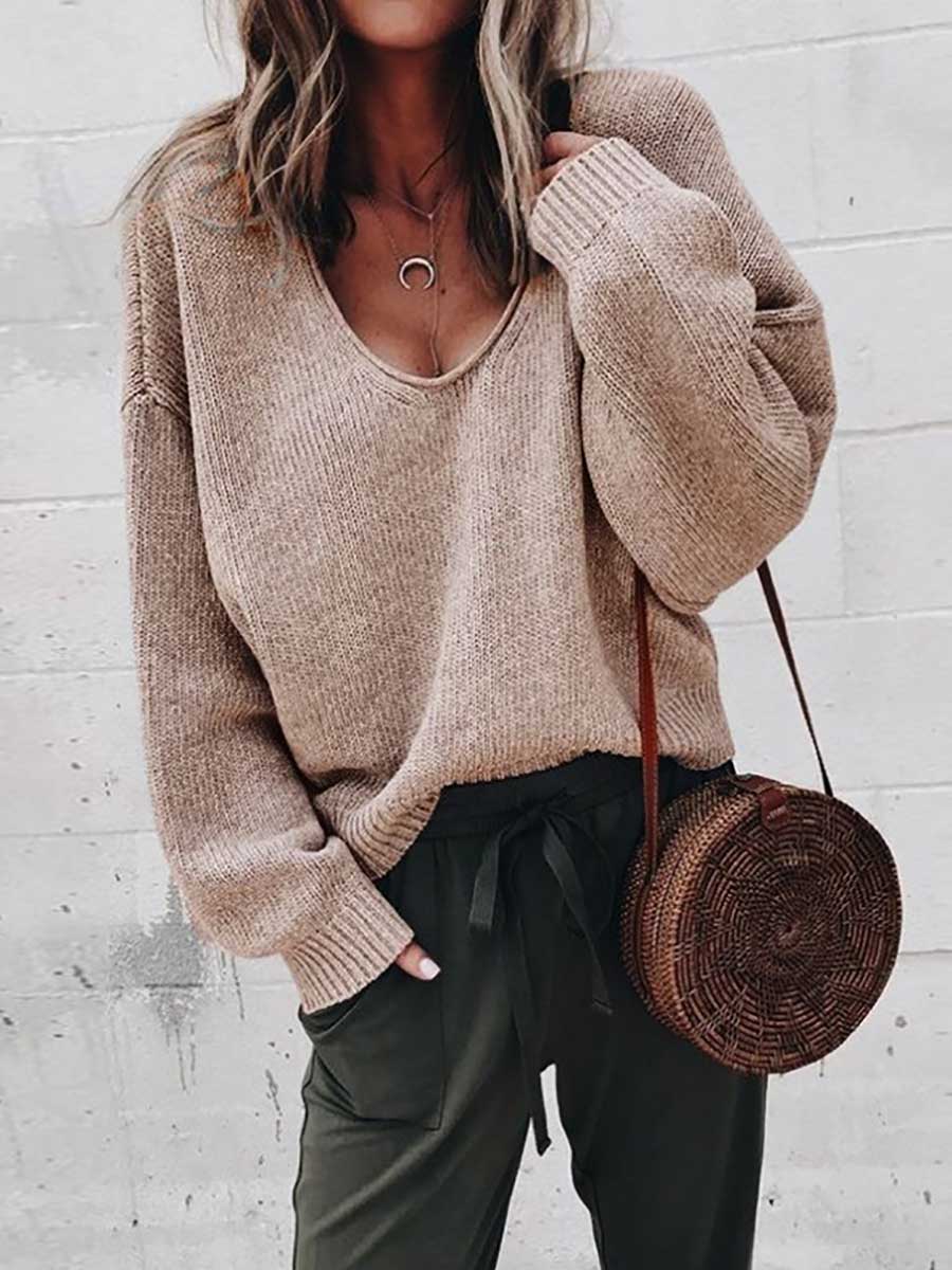 Veleaee V-neck long sleeve sweater knit