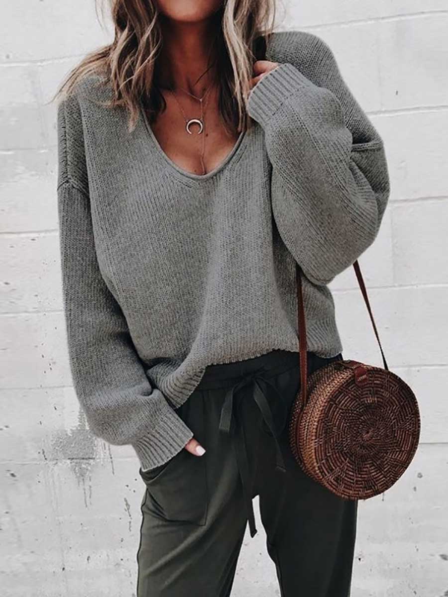 Veleaee V-neck long sleeve sweater knit