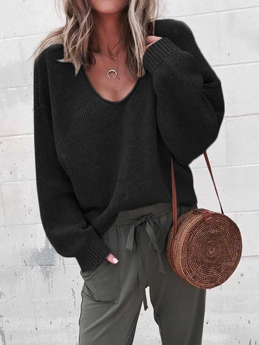 Veleaee V-neck long sleeve sweater knit