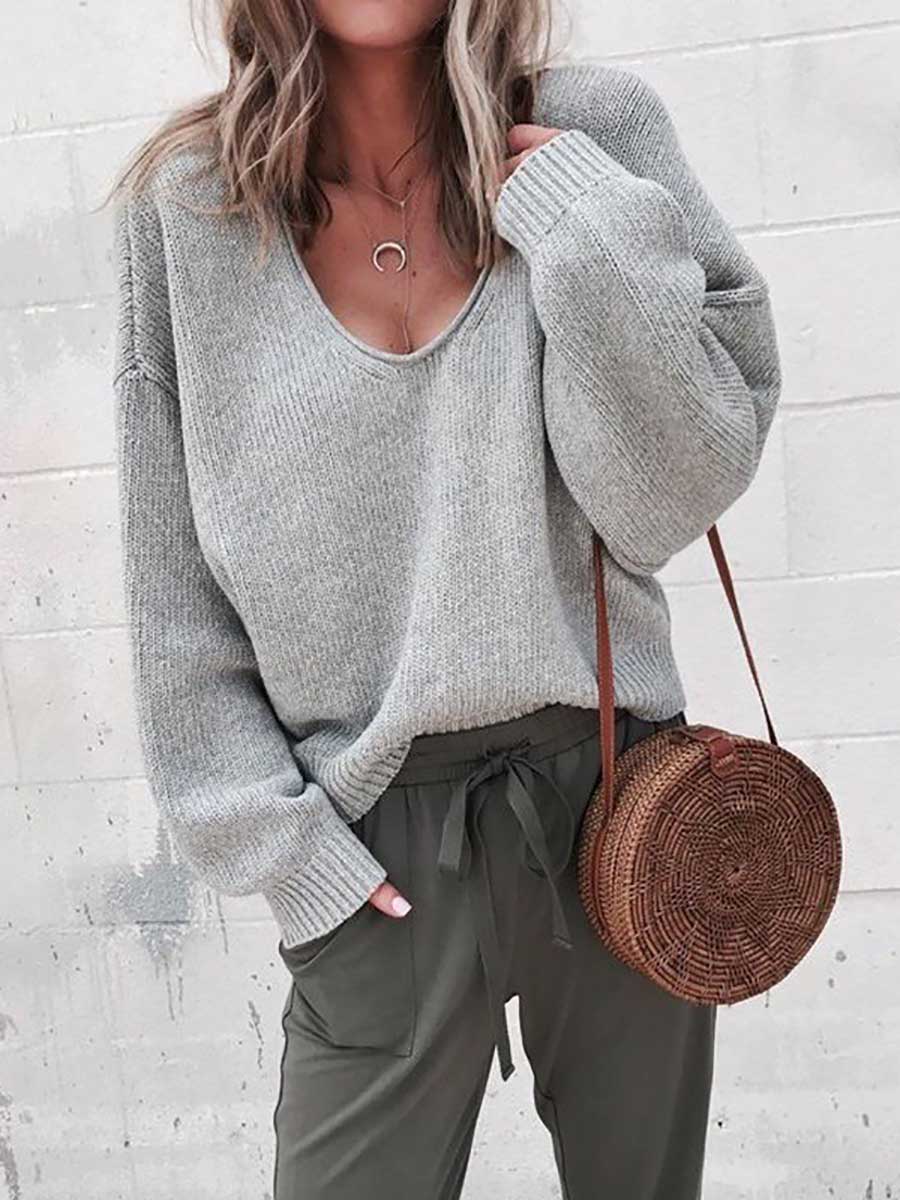 Veleaee V-neck long sleeve sweater knit