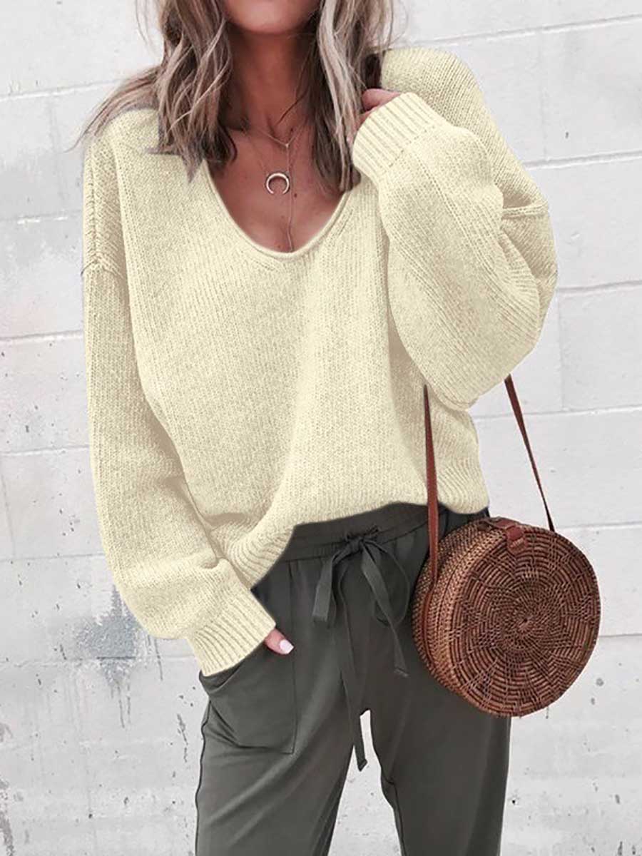 Veleaee V-neck long sleeve sweater knit