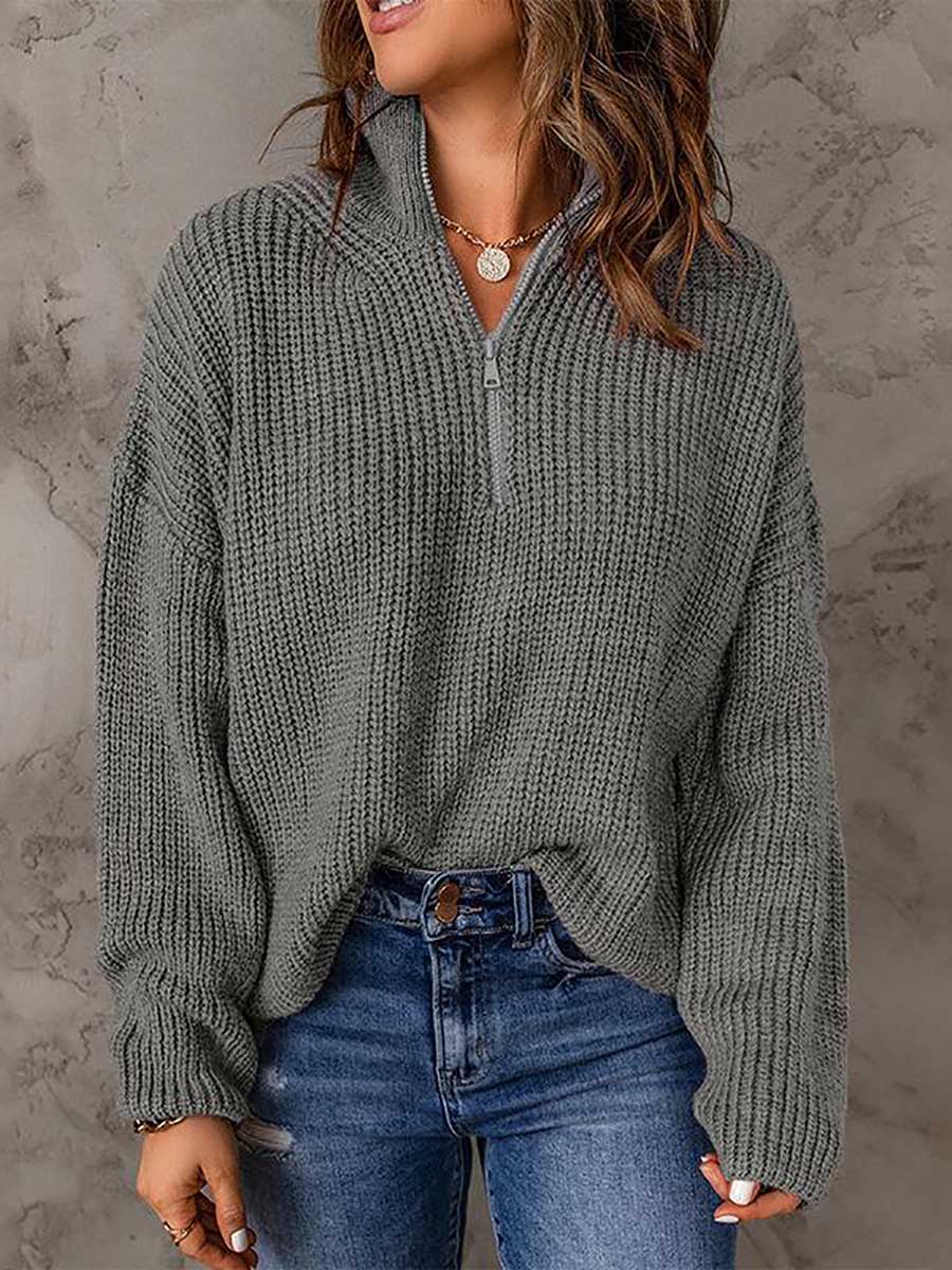 Veleaee High Neck Zipper Loose Sweater