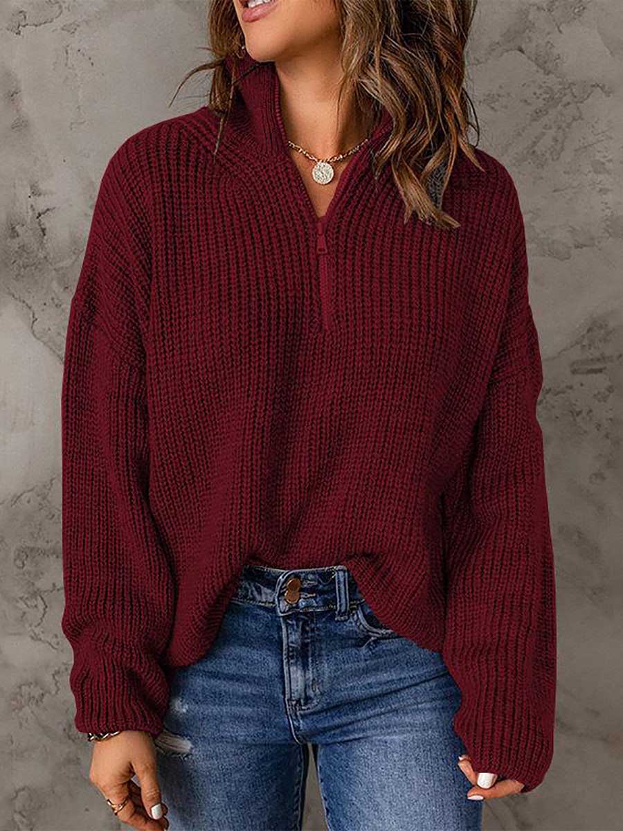 Veleaee High Neck Zipper Loose Sweater