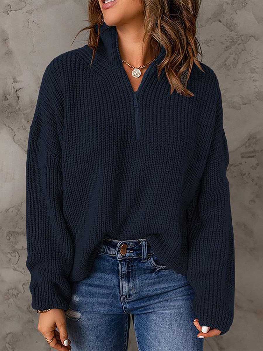 Veleaee High Neck Zipper Loose Sweater