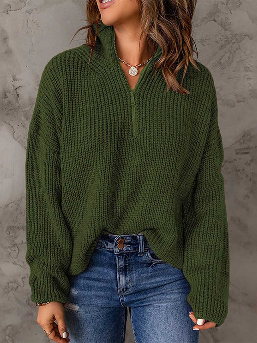 Veleaee High Neck Zipper Loose Sweater