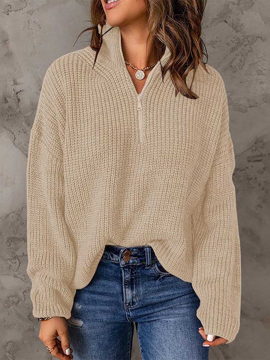 Veleaee High Neck Zipper Loose Sweater