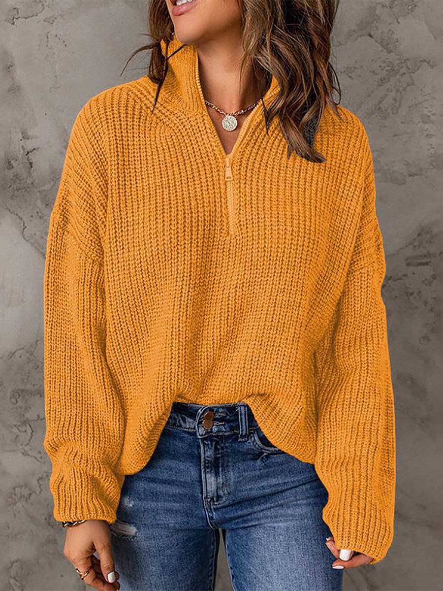 Veleaee High Neck Zipper Loose Sweater