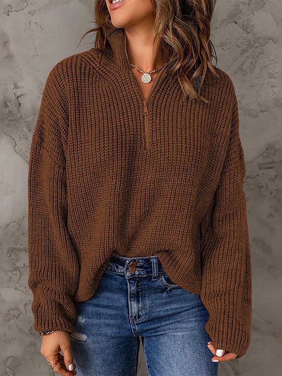 Veleaee High Neck Zipper Loose Sweater